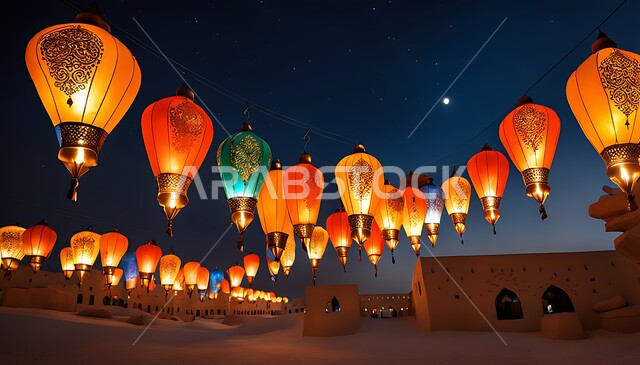 فرحة المسلمين بقدوم شهر رمضان المبارك, الفعاليات والاحتفالات في المملكة العربية السعودية, أجواء رمضانية ممتعه, فوانيس عربية تقليدية مضاءة تحلق في السماء ليلا, الأصالة والعراقة والتراث السعودي