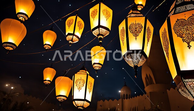 Traditional Arabic lanterns lit in the sky of the Kingdom of Saudi Arabia, entertainment performances and activities, heritage and authenticity, Gulf customs and traditions, the atmosphere of celebrating Islamic events and holidays