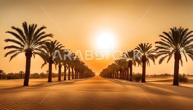 حقول ومزراع تمورالمملكة العربية السعودية، صورة ظلية لصفوف أشجار النخيل في الغروب, منتجات ومحاصيل وطنية وطنية, محميات طبيعية للانتاج الزراعي, موسم حصاد وزراعة التمر، سالويت