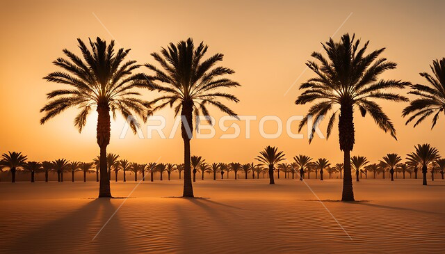 حقول ومزراع تمورالمملكة العربية السعودية، صورة ظلية لصفوف أشجار النخيل في الغروب, منتجات ومحاصيل وطنية وطنية, محميات طبيعية للانتاج الزراعي, موسم حصاد وزراعة التمر، سالويت