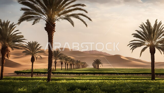 أفق أشجار النخيل في أراضي  وحقول السعودية, مناطق الزراعة والحصاد في النهار, التراث الزراعي في المملكة, محميات طبيعية خضراء, محاصيل ومنتجات محلية وطنية