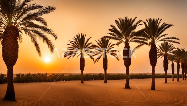 حقول ومزراع تمورالمملكة العربية السعودية، صورة ظلية لصفوف أشجار النخيل في الغروب, منتجات ومحاصيل وطنية وطنية, محميات طبيعية للانتاج الزراعي, موسم حصاد وزراعة التمر، سالويت