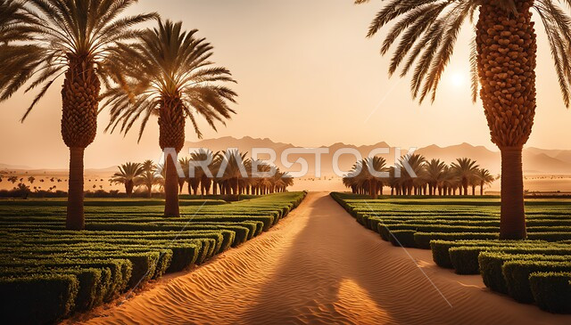 أفق أشجار النخيل في أراضي  وحقول السعودية, مناطق الزراعة والحصاد في النهار, التراث الزراعي في المملكة, محميات طبيعية خضراء, محاصيل ومنتجات محلية وطنية
