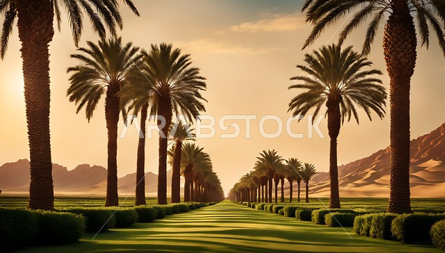 National local crops and products, the horizon of palm trees in the lands and fields of Saudi Arabia, planting and harvesting areas during the day, agricultural heritage in the Kingdom, green natural reserves