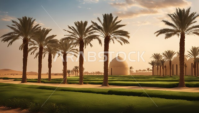 أفق أشجار النخيل في أراضي  وحقول السعودية, مناطق الزراعة والحصاد في النهار, التراث الزراعي في المملكة, محميات طبيعية خضراء, محاصيل ومنتجات محلية وطنية