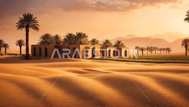 منتجات ومحاصيل وطنية وطنية, محميات طبيعية للانتاج الزراعي, موسم حصاد وزراعة التمر, حقول ومزراع تمورالمملكة العربية السعودية، صورة ظلية لصفوف أشجار النخيل في الغروب، سالويت