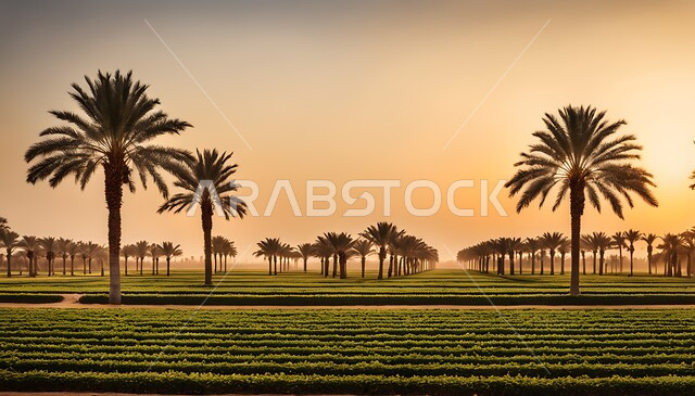 National local crops and products, the horizon of palm trees in the lands and fields of Saudi Arabia, planting and harvesting areas during the day, agricultural heritage in the Kingdom, green natural reserves