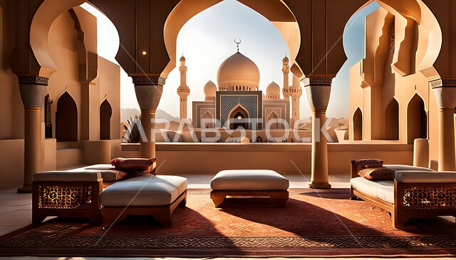 Ornate architectural art in the traditional style for popular gatherings, ancient archaeological places in the Kingdom of Saudi Arabia, authenticity and Saudi heritage, ancient Arab customs and traditions, traditional Saudi Majlis, Islamic background