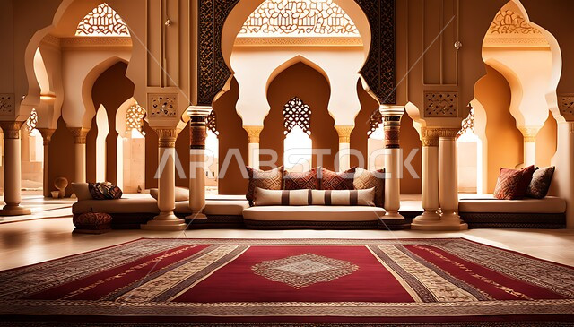 Ancient archaeological places in the Kingdom of Saudi Arabia, Saudi authenticity and heritage, ancient Arab customs and traditions, the traditional Saudi Majlis, ornate architectural art in the traditional style for popular gatherings