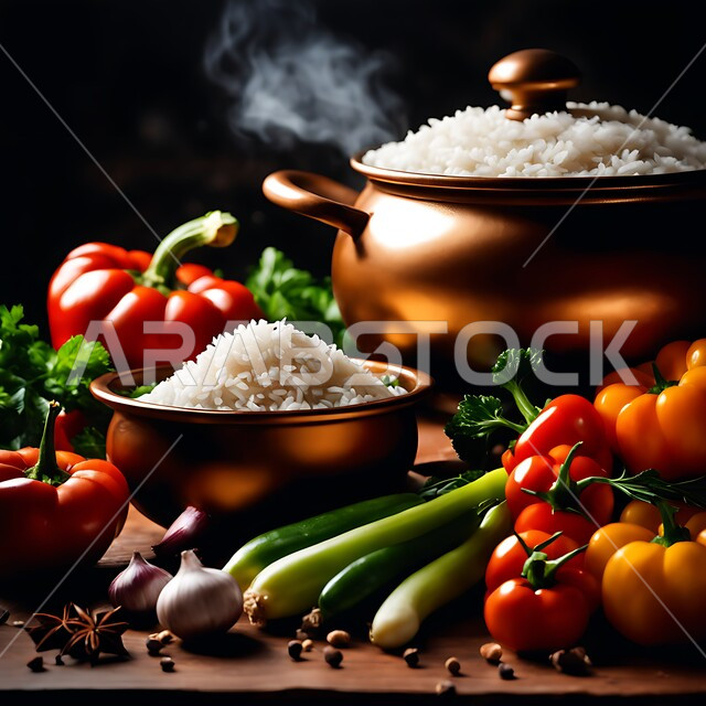وعاء على البخار من المجبوس العطري مع الأرز والخضروات الملونة والبهارات العطرية, مطاعم المملكة العربية السعودية, وجبات عربية شعبية تقليدية, المأكولات الشرقية الخليجية الشهية