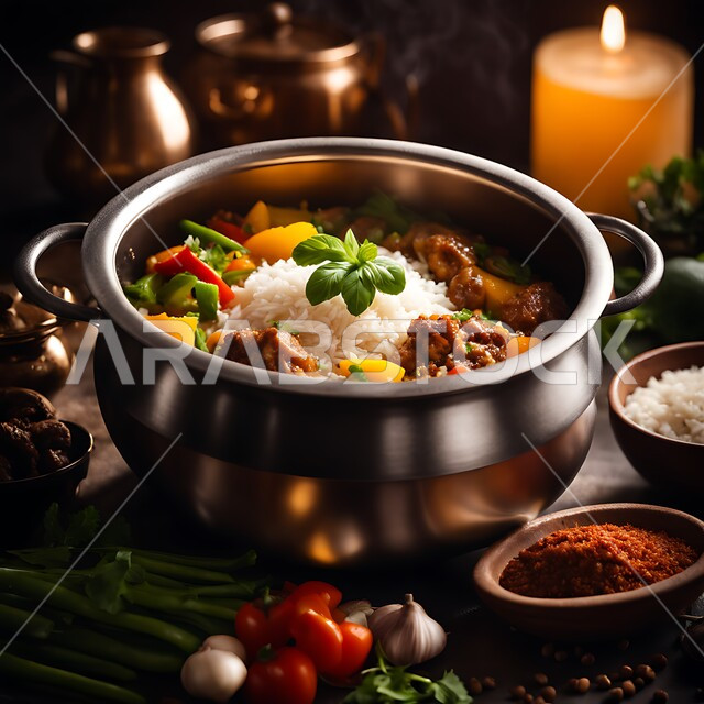 The joy of cooking and serving authentic Gulf dishes, popular traditional Arabic meals, a bowl of aromatic majboos with rice with fresh vegetables, Saudi cuisine recipes, restaurants for delicious oriental food