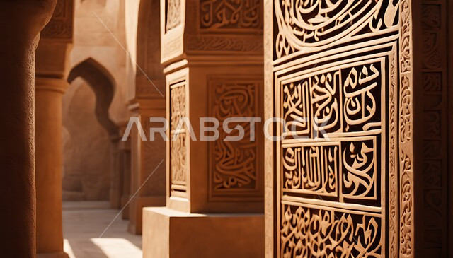 Ancient archaeological designs, close-up images of walls engraved and carved with hand-written Arabic calligraphy, architectural engineering art for traditional structures and buildings, artistic decorations and decorations, nobility, authenticity and heritage in the Kingdom of Saudi Arabia