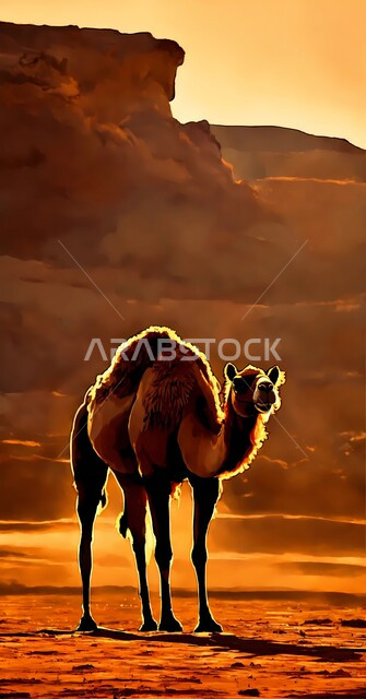 الاهتمام في تربية الجمال والإبل، حيوان الجمل يقف وسط صحراء المملكة العربية السعودية، الكثبان الرملية و المناطق الصحراوية، مفهوم رعاية المواشي والثدييات، المناظر الطبيعية في الصحاري