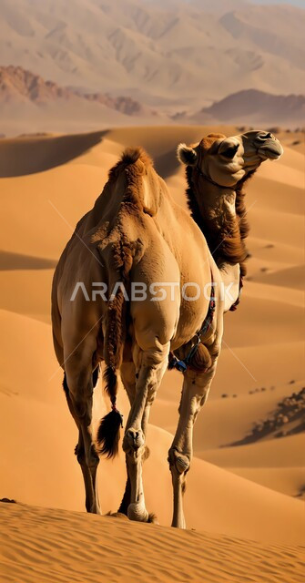 حيوان الجمل يقف وسط صحراء المملكة العربية السعودية، الكثبان الرملية و المناطق الصحراوية، مفهوم رعاية المواشي والثدييات، المناظر الطبيعية في الصحاري، الاهتمام في تربية الجمال والإبل