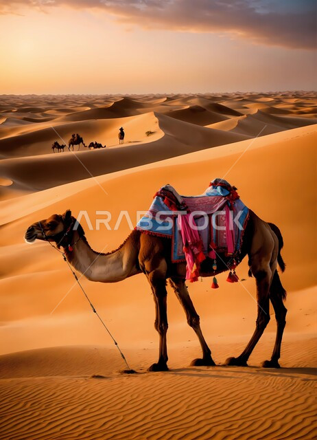 حيوانات التنقل والسفر في القدم، حيوان الجمل يقف وسط صحراء المملكة العربية السعودية، الكثبان الرملية و المناطق الصحراوية، مفهوم رعاية المواشي والثدييات، المناظر الطبيعية في الصحاري، الاهتمام في تربية الجمال والإبل