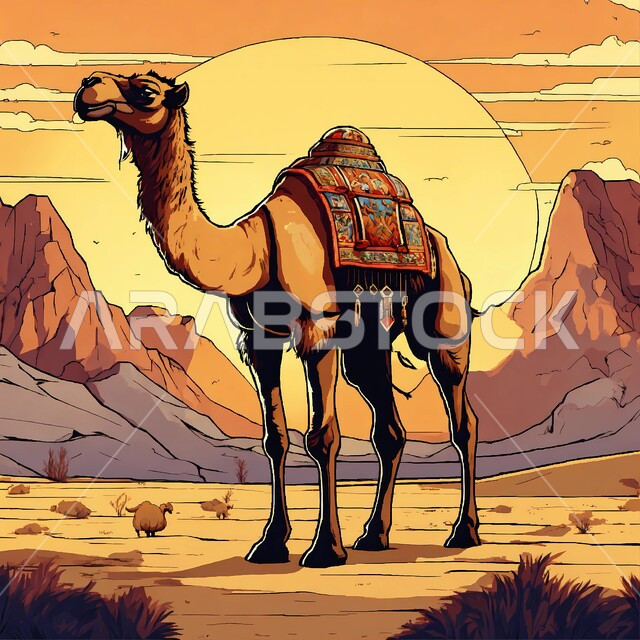  رسوم توضيحية لحيوان الجمل يقف في صحراء المملكة العربية السعودية، الكثبان الرملية و المناطق الصحراوية، مفهوم رعاية المواشي والثدييات، المناظر الطبيعية في الصحاري، الاهتمام في تربية الجمال والإبل، حيوانات التنقل والسفر في القدم