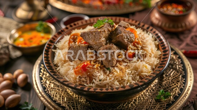 مطاعم للمأكولات العربية الشرقية في المملكة العربية السعودية، وجبات وأطباق عربية تقليدية شعبية، طبق من الأرز الابيض و قطع لحم الغنم المطهية، وصفات طعام المطبخ السعودي