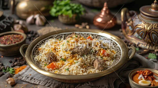 وجبات وأطباق عربية تقليدية شعبية، طبق من الأرز الابيض و قطع لحم الغنم المطهية، وصفات طعام المطبخ السعودي، مطاعم للمأكولات العربية الشرقية في المملكة العربية السعودية