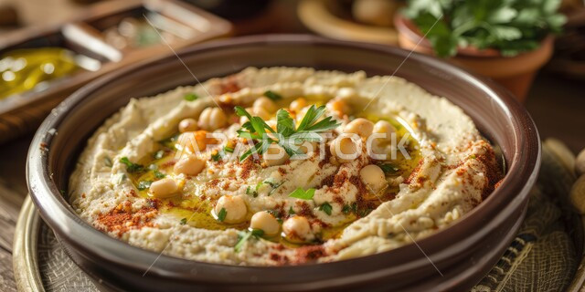 Delicious cold vegetarian appetizers, a plate of creamy chickpeas decorated with spices and parsley with olive oil on the dining table, traditional popular foods and dishes, Saudi Arabian oriental food recipes.