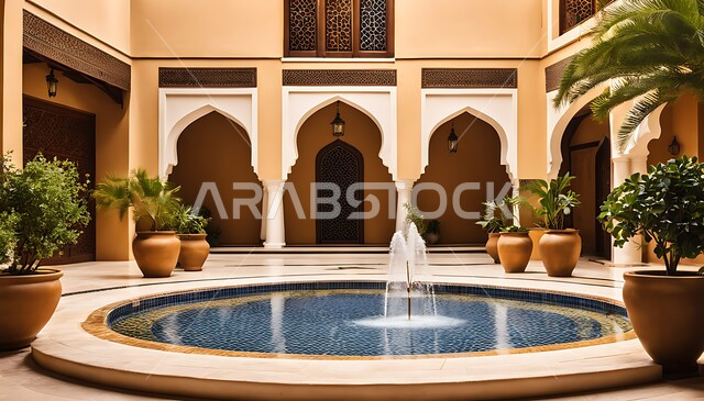 الفناء الخارجي للبيوت والمنشآت والعمارات التقليدية العريقة التراثية السعودية، التصاميم العصرية الفاخرة, نافورة مياه بتفاصيل الزخرفة الجبسيه في الديكورات المنزلية, أماكن الجلسات الهادئة والاسترخاء