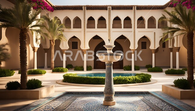 الفناء الخارجي للبيوت والمنشآت والعمارات التقليدية العريقة التراثية السعودية، التصاميم العصرية الفاخرة, نافورة مياه بتفاصيل الزخرفة الجبسيه في الديكورات المنزلية, أماكن الجلسات الهادئة والاسترخاء