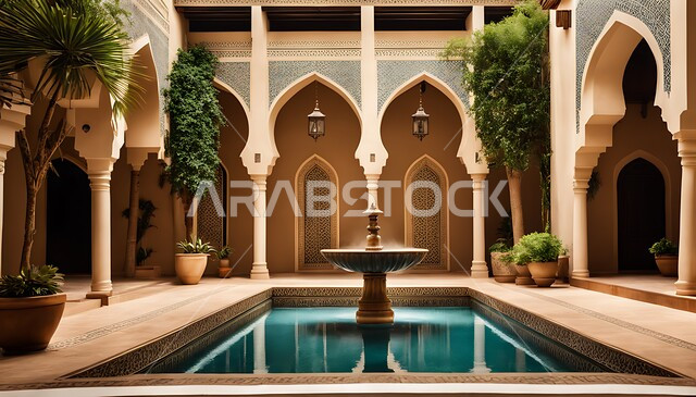 أماكن الجلسات الهادئة والاسترخاء, الفناء الخارجي للبيوت والمنشآت والعمارات التقليدية العريقة التراثية السعودية، التصاميم العصرية الفاخرة, نافورة مياه بتفاصيل الزخرفة الجبسيه في الديكورات المنزلية