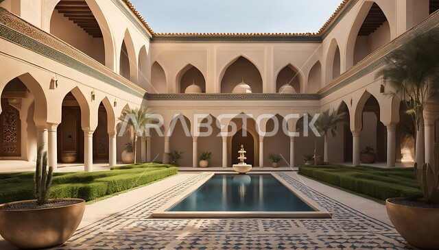 أماكن الجلسات الهادئة والاسترخاء, الفناء الخارجي للبيوت والمنشآت والعمارات التقليدية العريقة التراثية السعودية، التصاميم العصرية الفاخرة, نافورة مياه بتفاصيل الزخرفة الجبسيه في الديكورات المنزلية