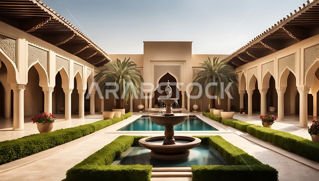 حب الطراز التقليدي القديم, أماكن الجلسات الهادئة والاسترخاء, الفناء الخارجي للمنشآت والعمارات التقليدية في المملكة العربية السعودية، التصاميم العصرية الفاخرة, نافورة مياه بتفاصيل الزخرفة الجبسيه في الديكورات المنزلية