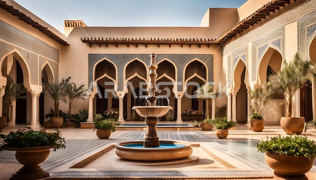 حب الطراز التقليدي القديم, أماكن الجلسات الهادئة والاسترخاء, الفناء الخارجي للمنشآت والعمارات التقليدية في المملكة العربية السعودية، التصاميم العصرية الفاخرة, نافورة مياه بتفاصيل الزخرفة الجبسيه في الديكورات المنزلية
