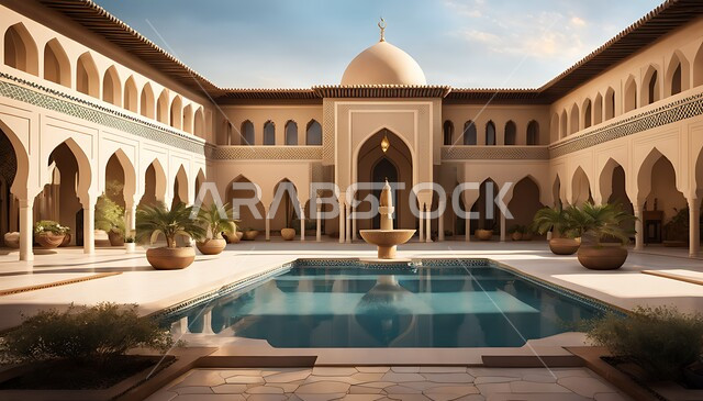 التصاميم العصرية الفاخرة, نافورة مياه بتفاصيل الزخرفة الجبسيه في الديكورات المنزلية, حب الطراز التقليدي القديم, أماكن الجلسات الهادئة والاسترخاء, الفناء الخارجي للمنشآت والعمارات التقليدية في المملكة العربية السعودية