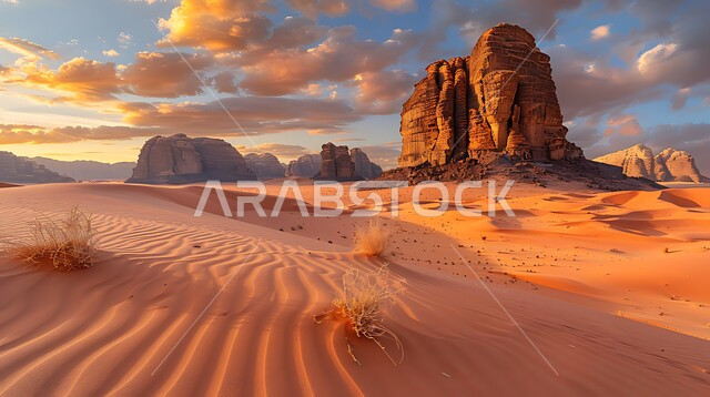 التكوينات والتشكيلات الصخرية في المناطق الصحراوية, التضاريس في القمم والمرتفعات الجبلية, منظر السماء المليئة بالغيوم والسحب البيضاء, مناطق السياحة وقضاء الوقت الممتع, أماكن الرحلات والمغامرات السياحية في الصحاري السعودية