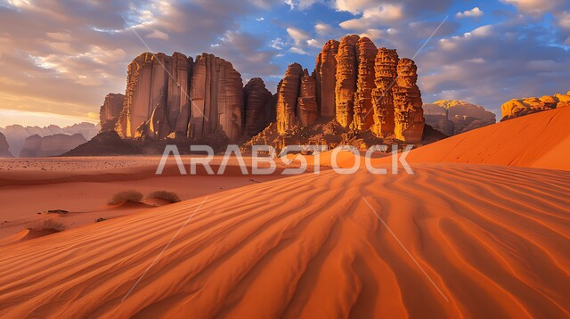  التضاريس في القمم والمرتفعات الجبلية, منظر السماء المليئة بالغيوم والسحب البيضاء, مناطق السياحة وقضاء الوقت الممتع, أماكن الرحلات والمغامرات السياحية في الصحاري السعودية, التكوينات والتشكيلات الصخرية في المناطق الصحراوية