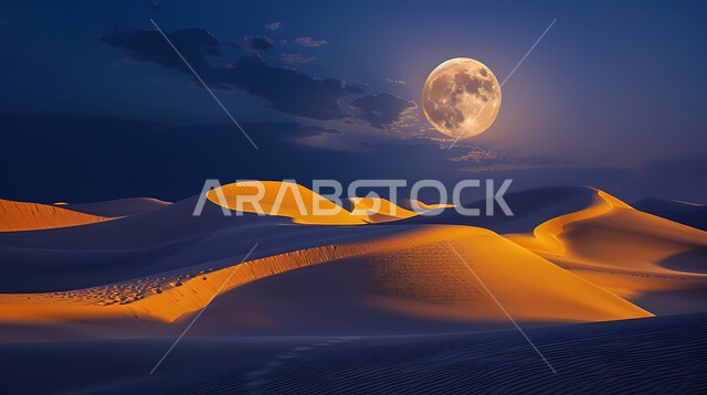  الاستمتاع بمنظر القمر في الليل, أماكن سياحية صحراوية, مناطق الرحلات والمغامرات على الرمال الذهبية الناعمة, التلال والكثبان الرملية في الصحراء, التضاريس في القمم والمرتفعات الجبلية