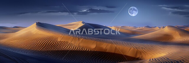 Soft golden sand formations, places for activities and safaris in the desert, hills and sand dunes on the moonlit night, landscapes in the desert environment in the Kingdom of Saudi Arabia