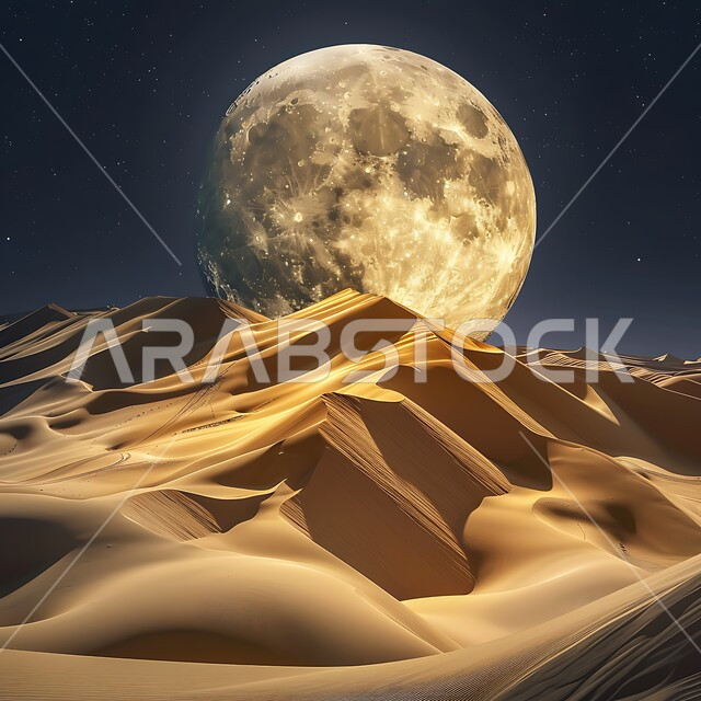  التضاريس و المرتفعات والقمم الجبلية في البراري، الهضاب و التلال من الرمال الناعمة، التكوينات والتشكيلات الرملية في صحراء المملكة العربية السعودية، مناطق البادية والبيئة الطبيعية الصحراوية في وقت اكتمال القمر