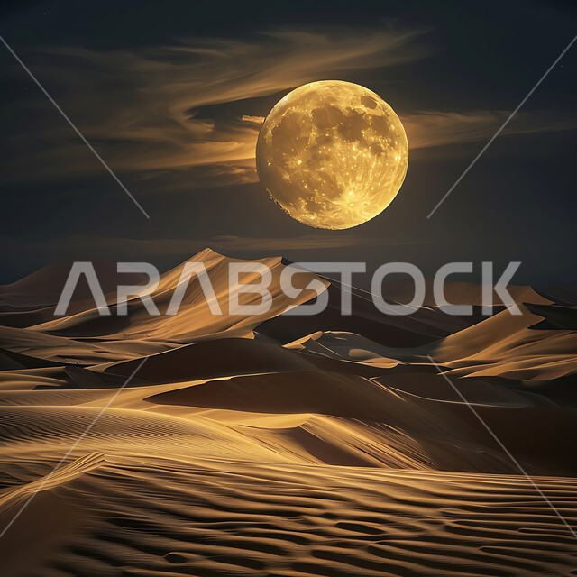  التكوينات والتشكيلات الرملية في صحراء المملكة العربية السعودية، التضاريس و المرتفعات والقمم الجبلية في البراري، مناطق البادية والبيئة الطبيعية الصحراوية في وقت اكتمال القمر, الهضاب و التلال من الرمال الناعمة