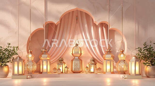 الاستعداد لاستقبال شهر الخير و البركة, العبادة والتقرب الى الله تعالى, الفوانيس المعدنية المضيئة,  مجسمات ذهبية ثلاثية الأبعاد لتحف و زينة شهر رمضان المبارك, أجواء رمضانية روحانية, مناسبات دينية سنوية, خلفية اسلامية مزخرفة