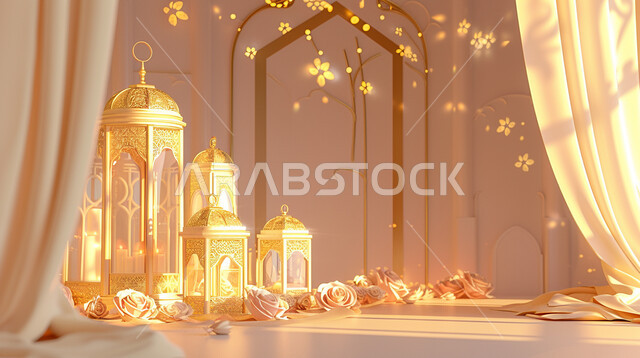 Worship and drawing closer to God Almighty, illuminated metal lanterns, three-dimensional golden models for antiques and decorations for the holy month of Ramadan, preparation to welcome the month of goodness and blessings, a spiritual Ramadan atmosphere, annual religious occasions, an ornate Islamic background