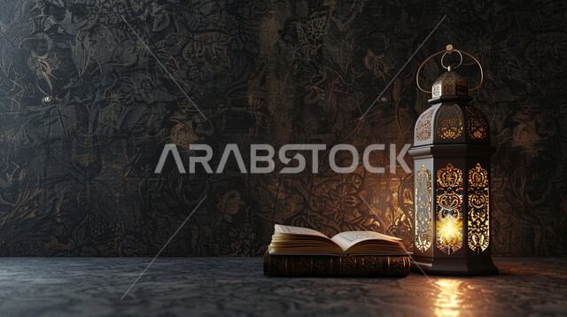 فانوس عربي معدني مزخرف على طاولة خشبية مع المصحف الشريف، إضاءة وزينة شهر رمضان المبارك، مصابيح وأنوار في الأجواء الرمضانية الروحانية، تحف و اكسسوارات تقليدية للاحتفال بقدوم شهر الخير، خلفية اسلامية