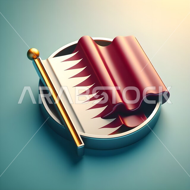 يوم العلم القطري 18 ديسمبر، أيقونة ثلاثية الأبعاد لعلم دولة قطر على قاعدة معدنية، الاحتفال بالأعياد والمناسبات الوطنية، ذكرى العيد الوطني، تصاميم وايقونات متميزة، أعلام الدول العربية، خلفية زرقاء