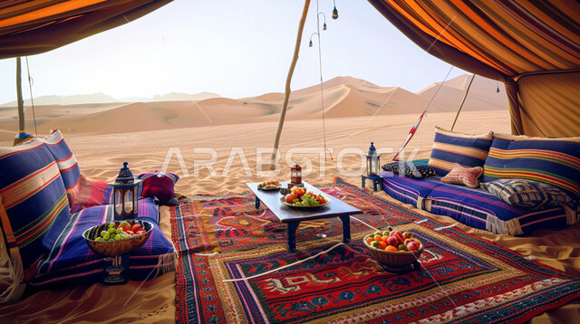 عادات وتقاليد سعودية ,مجالس عربيه تراثيه في البراري, كشتة بر شعبية تقليدية في البادية، خيمة بيت الشعر في صحراء المملكة العربية السعودية، الأجواء الهادئة في اماكن التخييم