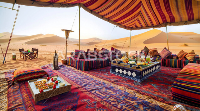 عادات وتقاليد سعودية ,مجالس عربيه تراثيه في البراري, كشتة بر شعبية تقليدية في البادية، خيمة بيت الشعر في صحراء المملكة العربية السعودية، الأجواء الهادئة في اماكن التخييم