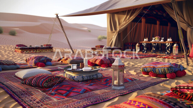 A traditional popular barn kashta in the desert, the Bait al-Sha’ar tent in the desert of the Kingdom of Saudi Arabia, the quiet atmosphere in the camping places, traditional Arab gatherings in the wilderness, Saudi customs and traditions.
