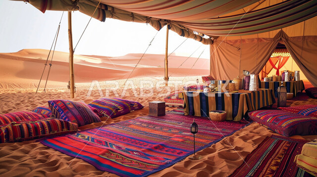 A traditional popular barn kashta in the desert, the Bait al-Sha’ar tent in the desert of the Kingdom of Saudi Arabia, the quiet atmosphere in the camping places, traditional Arab gatherings in the wilderness, Saudi customs and traditions.