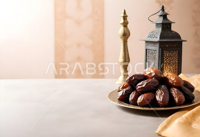وجبة ذات قيمة غذائية عالية، منتجات ومحاصيل زراعية محلية سعودية وطنية، طبق مليء بالتمر العربي، ضيافة رمضانية شهية، مصباح معدني تقليدي، فانوس وزينة شهر رمضان المبارك