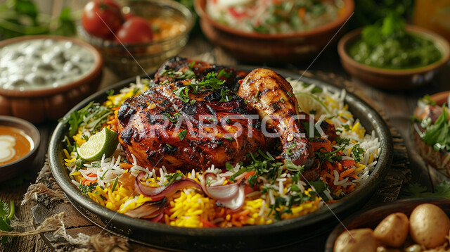 طبق من أرز البرياني اللذيذ مع قطع الدجاج المشوي، أكلات شعبية عربية خليجية سعودية، فنون تقديم الطعام في المطاعم الشرقية، مأكولات وأطباق تقليدية، وصفات وأطباق طعام شهية