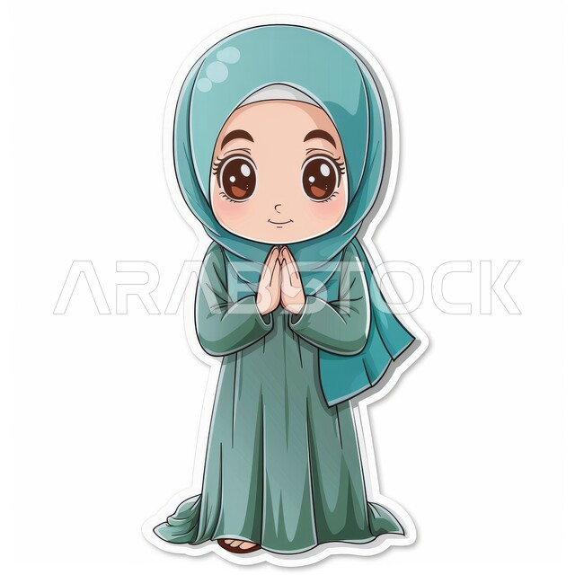 The concept of worship and getting closer to God Almighty, cartoon drawings of a veiled Saudi Gulf Arab girl wearing a blue abaya and raising her hands with supplication expressions, supplicating to God in the holy month of Ramadan, white background