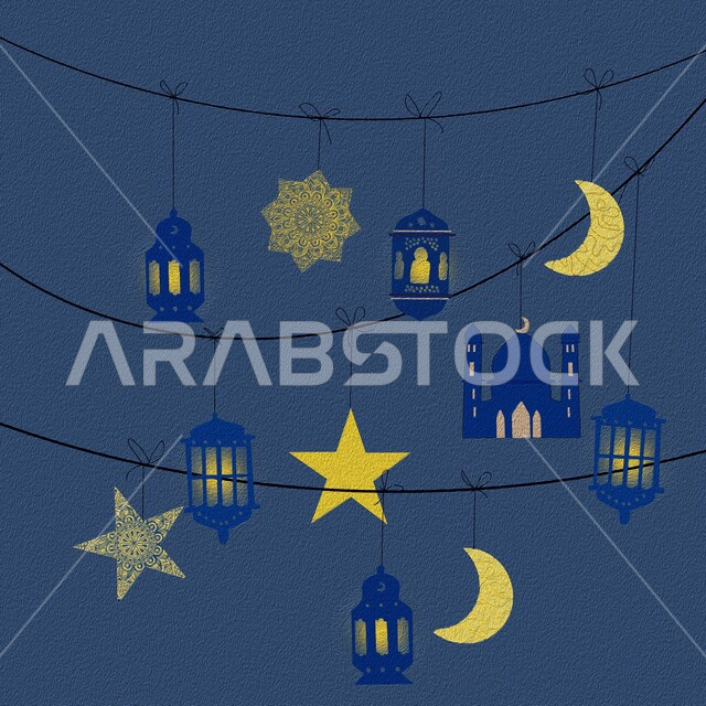 زينة وديكورات شهر رمضان المبارك, الاستعداد لاستقبال شهر الخير والمغفرة و البركة, تحف واكسسوارات مضيئة معلقة, مناسبات دينية واسلامية, خلفية زرقاء