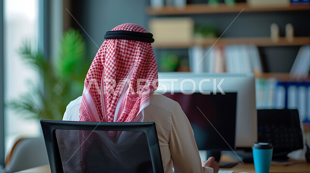 دمج العمل مع التقنية والتكنولوجيا، مهن ووظائف ادارية مكتبية, مفهوم إدارة شؤون الأعمال وتنظيمها عبر الاجهزة التقنية، صورة من الخلف لرجل اعمال عربي خليجي سعودي يقوم بالعمل على الحاسوب المحمول داخل المكتب