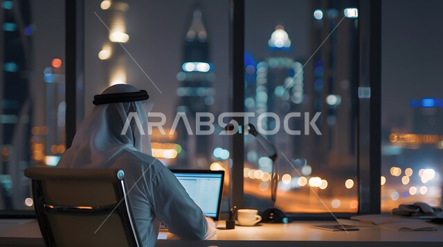 مهن ووظائف ادارية مكتبية, مفهوم إدارة شؤون الأعمال وتنظيمها عبر الاجهزة التقنية، دمج العمل مع التقنية والتكنولوجيا، صورة من الخلف لرجل اعمال عربي خليجي سعودي يقوم بالعمل على الحاسوب المحمول داخل المكتب، واجهة زجاجية مطلة على الأبراج وناطحات السحاب في وقت الليل